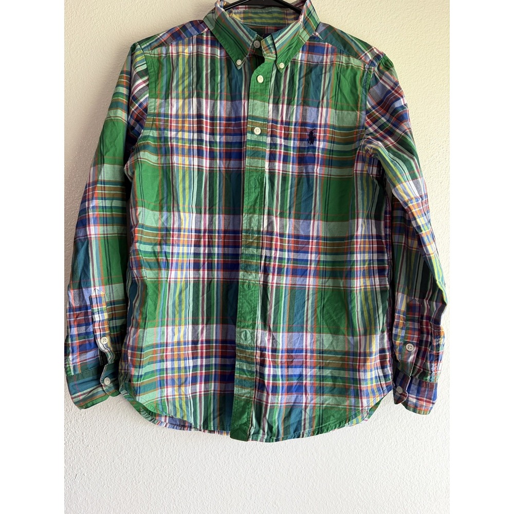Ralph Lauren Boys Large 14/16 Green Madras Plaid Button Down Shirt Sleeve Preppy